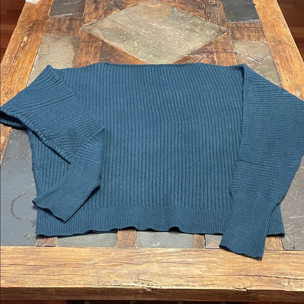 Tahari Deep Peacock Teal Ribbed Crewneck Sweater